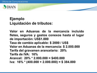 Ejemplo
Liquidación de tributos:
Valor en Aduanas de la mercancía incluido
fletes, seguros y gastos conexos hasta el lugar
de importación: US$1.000
Tasa de cambio aplicable: $ 2000 / US$
Valor en Aduanas de la mercancía: $ 2.000.000
Tarifa del gravamen arancelario: 20%
Tarifa de IVA: 16%
Arancel: 20% * 2.000.000 = $400.000
Iva: 16% * (400.000 + 2.000.000) = $ 384.000
 