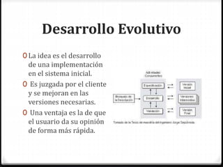 Desarrollo Evolutivo
0 La idea es el desarrollo
de una implementación
en el sistema inicial.
0 Es juzgada por el cliente
y se mejoran en las
versiones necesarias.
0 Una ventaja es la de que
el usuario da su opinión
de forma más rápida.
 