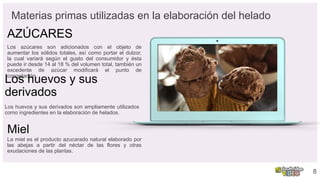 Materias primas utilizadas en la elaboración del helado
Los azúcares son adicionados con el objeto de
aumentar los sólidos totales, así como portar el dulzor,
la cual variará según el gusto del consumidor y ésta
puede ir desde 14 al 18 % del volumen total, también un
excedente de azúcar modificará el punto de
congelación.
8
AZÚCARES
Los huevos y sus
derivados
Los huevos y sus derivados son ampliamente utilizados
como ingredientes en la elaboración de helados.
Miel
La miel es el producto azucarado natural elaborado por
las abejas a partir del néctar de las flores y otras
exudaciones de las plantas.
 