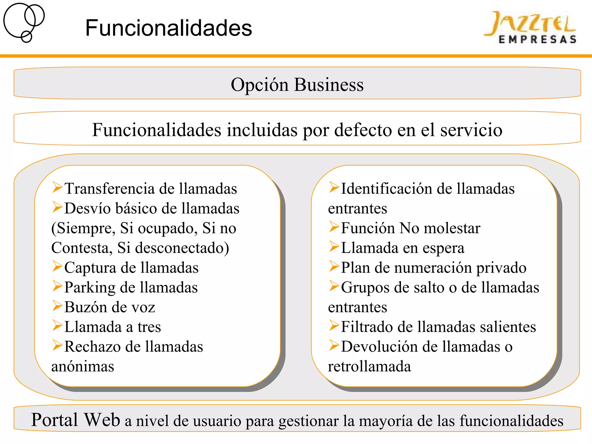 Funcionalidades Opción Business Transferencia de llamadas Desvío básico de llamadas (Siempre, Si ocupado, Si no Contesta, Si desconectado) Captura de llamadas  Parking de llamadas Buzón de voz Llamada a tres Rechazo de llamadas anónimas Portal Web  a nivel de usuario para gestionar la mayoría de las funcionalidades Identificación de llamadas entrantes Función No molestar  Llamada en espera Plan de numeración privado Grupos de salto o de llamadas entrantes Filtrado de llamadas salientes Devolución de llamadas o retrollamada Funcionalidades incluidas por defecto en el servicio 