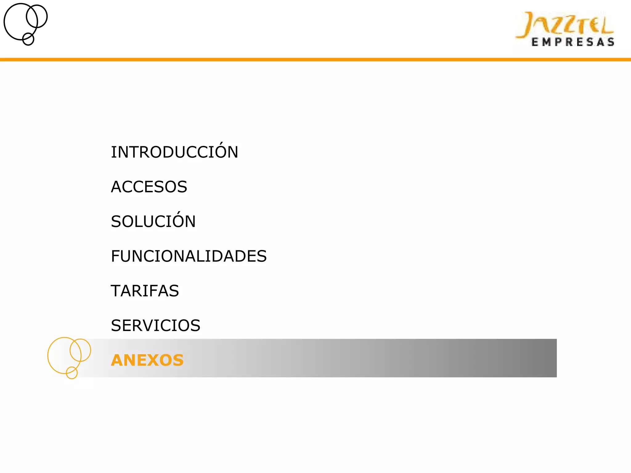 INTRODUCCIÓN ACCESOS SOLUCIÓN FUNCIONALIDADES TARIFAS SERVICIOS ANEXOS 