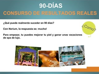 90-DÍAS
CONSURSO DE RESULTADOS REALES
¿Qué puede realmente suceder en 90 días?

Con Nerium, la respuesta es: mucho!

Para empezar, tu puedes mejorar tu piel y ganar unas vacaciones
de spa de lujo.
 