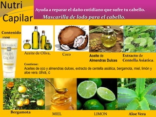 Nutri
Capilar
Ayuda a reparar el daño cotidiano que sufre tu cabello.
Contenido:
130g
Contiene:
Aceites de oco y almendras dulces, extracto de centella asiática, bergamota, miel, limón y
aloe vera. oliva, c
Mascarilla de lodo para el cabello.
Aceite de Oliva, Coco Aceite de
Almendras Dulces
Extracto de
Centella Asiatica.
Bergamota MIEL Aloe VeraLIMON
 