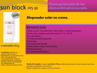 sun block FPS 30
Diaria protección de los
efectos del sol en tu cutis.
BENEFICIOS
•Triple acción: Pantalla solar, filtro solar y crema hidratante.
•Protección completa ante los rayos UV-A y UV-B.
•Para uso diario.
•No deja sensación grasosa.
•Sin aroma.
•Para todo tipo de piel.
•Puede usarse como crema de día.
•Absorción total.
•No deja película blanca.
Contenido: 60 g
Modo de empleo: Aplicar sun block FPS30 uniformemente sobre el rostro limpio media hora
antes de la exposición a la luz del sol.
Repetir la aplicación cuantas veces sea necesario.
Contiene: Dióxido de
titanio, óxido de zinc y
benzofenona-3 como protección
solar, extracto de aloe
vera, ceramida III, aceite de
semilla de girasol, extracto de
bacopa, extracto de semilla de
uva, hialuronato de
sodio, extracto de hoja de olivo.
Bloqueador solar en crema.
 