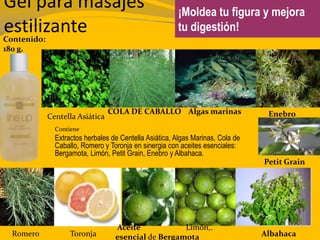 Gel para masajes
estilizante
¡Moldea tu figura y mejora
tu digestión!
Contenido:
180 g.
Contiene
Extractos herbales de Centella Asiática, Algas Marinas, Cola de
Caballo, Romero y Toronja en sinergia con aceites esenciales:
Bergamota, Limón, Petit Grain, Enebro y Albahaca.
Centella Asiática
COLA DE CABALLO Algas marinas
Romero Toronja
Aceite
esencial de Bergamota
Limón,.
Albahaca
Enebro
Petit Grain
 