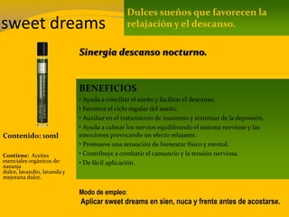 sweet dreams
Contenido: 10ml
Modo de empleo:
Aplicar sweet dreams en sien, nuca y frente antes de acostarse.
Contiene: Aceites
esenciales orgánicos de:
naranja
dulce, lavandín, lavanda y
mejorana dulce.
Dulces sueños que favorecen la
relajación y el descanso.
BENEFICIOS
• Ayuda a conciliar el sueño y facilitar el descanso.
• Favorece el ciclo regular del sueño.
• Auxiliar en el tratamiento de insomnio y síntomas de la depresión.
• Ayuda a calmar los nervios equilibrando el sistema nervioso y las
emociones provocando un efecto relajante.
• Promueve una sensación de bienestar físico y mental.
• Contribuye a combatir el cansancio y la tensión nerviosa.
• De fácil aplicación.
Sinergia descanso nocturno.
 