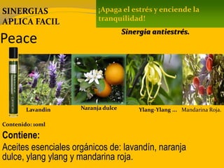 Peace
Contenido: 10ml
Contiene:
Aceites esenciales orgánicos de: lavandín, naranja
dulce, ylang ylang y mandarina roja.
¡Apaga el estrés y enciende la
tranquilidad!
Sinergia antiestrés.
SINERGIAS
APLICA FACIL
Lavandin Naranja dulce Ylang-Ylang ... Mandarina Roja.
 