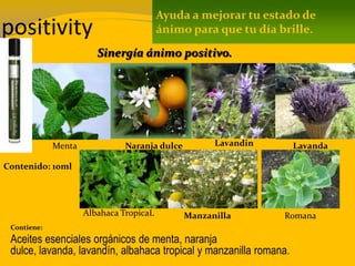 positivity
Contenido: 10ml
Contiene:
Aceites esenciales orgánicos de menta, naranja
dulce, lavanda, lavandín, albahaca tropical y manzanilla romana.
Ayuda a mejorar tu estado de
ánimo para que tu día brille.
Sinergía ánimo positivo.
Naranja dulceMenta Lavandin Lavanda
Albahaca TropicaL Manzanilla Romana
 
