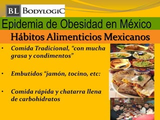 Epidemia de Obesidad en México
Hábitos Alimenticios Mexicanos
• Comida Tradicional, “con mucha
grasa y condimentos”
• Embutidos “jamón, tocino, etc:
• Comida rápida y chatarra llena
de carbohidratos
 