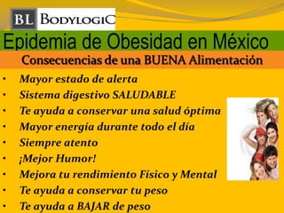 Epidemia de Obesidad en México
Consecuencias de una BUENA Alimentación
• Mayor estado de alerta
• Sistema digestivo SALUDABLE
• Te ayuda a conservar una salud óptima
• Mayor energía durante todo el día
• Siempre atento
• ¡Mejor Humor!
• Mejora tu rendimiento Físico y Mental
• Te ayuda a conservar tu peso
• Te ayuda a BAJAR de peso
 