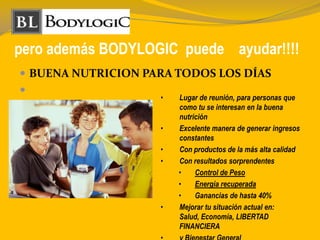pero además BODYLOGIC puede ayudar!!!!
 BUENA NUTRICION PARA TODOS LOS DÍAS

• Lugar de reunión, para personas que
como tu se interesan en la buena
nutrición
• Excelente manera de generar ingresos
constantes
• Con productos de la más alta calidad
• Con resultados sorprendentes
• Control de Peso
• Energía recuperada
• Ganancias de hasta 40%
• Mejorar tu situación actual en:
Salud, Economía, LIBERTAD
FINANCIERA
 