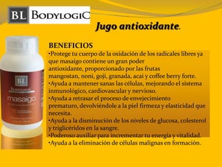 Jugo antioxidante.
BENEFICIOS
•Protege tu cuerpo de la oxidación de los radicales libres ya
que masaigo contiene un gran poder
antioxidante, proporcionado por las frutas
mangostan, noni, goji, granada, acai y coffee berry forte.
•Ayuda a mantener sanas las células, mejorando el sistema
inmunológico, cardiovascular y nervioso.
•Ayuda a retrasar el proceso de envejecimiento
prematuro, devolviéndole a la piel firmeza y elasticidad que
necesita.
•Ayuda a la disminución de los niveles de glucosa, colesterol
y triglicéridos en la sangre.
•Poderoso auxiliar para incrementar tu energía y vitalidad.
•Ayuda a la eliminación de células malignas en formación.
 
