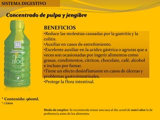 BENEFICIOS
•Reduce las molestias causadas por la gastritis y la
colitis.
•Auxiliar en casos de estreñimiento.
•Excelente auxiliar en la acidez gástrica o agruras que a
veces son ocasionadas por ingerir alimentos como
grasas, condimentos, cítricos, chocolate, café, alcohol
e incluso por fumar.
•Tiene un efecto desinflamante en casos de úlceras y
problemas gastrointestinales.
•Protege la flora intestinal.
* Contenido: 960ml.
* 1 Litro
Modo de empleo: Se recomienda tomar una taza al día 120ml de nutri aloe la de
preferencia antes de los alimentos.
SISTEMA DIGESTIVO
Concentrado de pulpa y jengibre
 