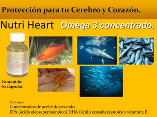 Nutri Heart
Protección para tu Cerebro y Corazón.
Contenido:
60 cápsulas
Contiene:
Concentrados de aceite de pescado,
EPA (ácido eicosapentaenoico) DHA (ácido ecosahexaenoico y vitamina E.
Omega 3 concentrado.
 