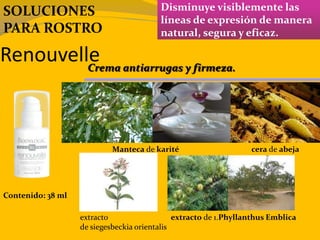 Renouvelle
Disminuye visiblemente las
líneas de expresión de manera
natural, segura y eficaz.
Contenido: 38 ml
Crema antiarrugas y firmeza.
SOLUCIONES
PARA ROSTRO
Manteca de karité cera de abeja
extracto
de siegesbeckia orientalis
extracto de 1.Phyllanthus Emblica
 