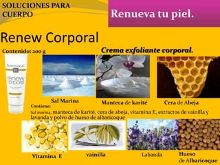 Renew Corporal
Renueva tu piel.
Contenido: 200 g
Contiene:
Sal marina, manteca de karité, cera de abeja, vitamina E, extractos de vainilla y
lavanda y polvo de hueso de albaricoque
Crema exfoliante corporal.
SOLUCIONES PARA
CUERPO
Manteca de karité Cera de Abeja
Vitamina E
Sal Marina
vainilla Hueso
de Albaricoque
Labanda
 