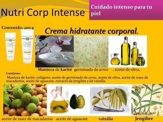 Cuidado intenso para tu
piel
Contenido: 200 g
Contiene:
Manteca de karite, colágeno, aceite de germinado de arroz, aceite de oliva, aceite de nuez de
macadamia, aceite de aguacate, extracto de jengibre y de vainilla.
Crema hidratante corporal.
Nutri Corp Intense
Manteca de karité germinado de arroz , aceite de oliva,
aceite de nuez de macadamia aceite de aguacate vainilla Jengibre
 