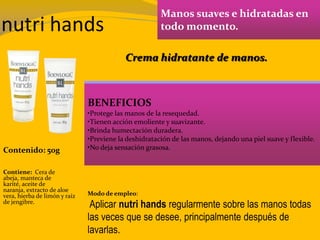 nutri hands
Manos suaves e hidratadas en
todo momento.
BENEFICIOS
•Protege las manos de la resequedad.
•Tienen acción emoliente y suavizante.
•Brinda humectación duradera.
•Previene la deshidratación de las manos, dejando una piel suave y flexible.
•No deja sensación grasosa.Contenido: 50g
Modo de empleo:
Aplicar nutri hands regularmente sobre las manos todas
las veces que se desee, principalmente después de
lavarlas.
Contiene: Cera de
abeja, manteca de
karité, aceite de
naranja, extracto de aloe
vera, hierba de limón y raíz
de jengibre.
Crema hidratante de manos.
 