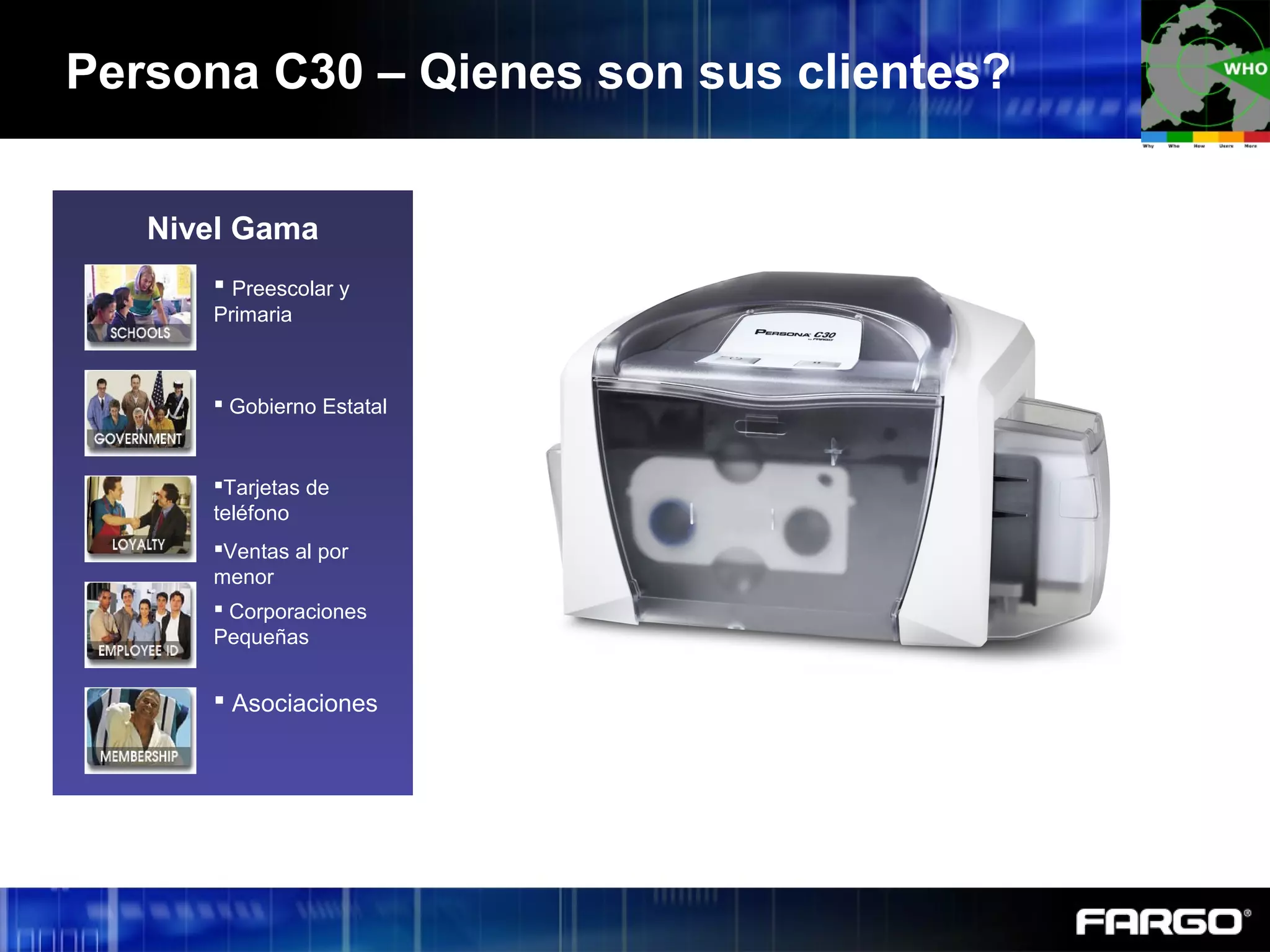 Persona C30 – Qienes son sus clientes?
Nivel Gama
 Preescolar y
Primaria
 Gobierno Estatal
Tarjetas de
teléfono
Ventas al por
menor
 Corporaciones
Pequeñas
 Asociaciones
 