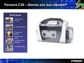 Persona C30 – Qienes son sus clientes?
Nivel Gama
 Preescolar y
Primaria
 Gobierno Estatal
Tarjetas de
teléfono
Ventas al por
menor
 Corporaciones
Pequeñas
 Asociaciones
 
