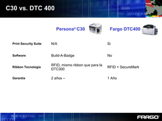Persona®
C30 Fargo DTC400
Print Security Suite N/A Si
Software Build-A-Badge No
Ribbon Tecnología
RFID, mismo ribbon que para la
DTC300
RFID + SecureMark
Garantía 2 años – 1 Año
C30 vs. DTC 400
 