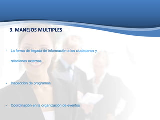 3. MANEJOS MULTIPLES 
- La forma de llegada de información a los ciudadanos y 
relaciones externas 
- Inspección de programas 
- Coordinación en la organización de eventos 
 