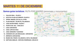 MARTES 11 DE DICIEMBRE
Somos guías turísticos: RUTA POR MADRID (personajes y monumentos)
1. PALACIO REAL - FELIPE V
2. ESTATUA PLAZA DE ORIENTE- FELIPE IV
3. OPERA- MANUEL DE FALLA y OTRO
4. PLAZA MAYOR - FELIPE III y VILLANUEVA
5. CASA RATÓN PÉREZ - FELIPE II
6. PUERTA DEL SOL - CARLOS III
7. CASA CERVANTES
8. CASA LOPE DE VEGA
9. CASA GÓNGORA Y QUEVEDO
10. CONVENTO DE LAS DESCALZAS - CERVANTES
11. IMPRENTA CERVANTINA
12. MUSEO DEL PRADO- VILLANUEVA, GOYA, VELÁZQUEZ
13. NEPTUNO-CIBELES - VENTURA RODRÍGUEZ, CARLOS III
 