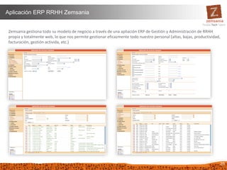 28
Aplicación ERP RRHH Zemsania
Zemsania gestiona todo su modelo de negocio a través de una apliación ERP de Gestión y Administración de RRHH
propia y totalmente web, lo que nos permite gestionar eficazmente todo nuestro personal (altas, bajas, productividad,
facturación, gestión activida, etc.)
 