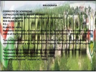 BIBLIOGRAFIA

COFRECITO DE SORPRESAS
 COFRECITO EL ARCO IRIS DE VALORES
PROFIC: programa de formación integral y convivencia
RED ALMA MATER
P.E.I.
PLANES DE AREA.
Humberto Maturana: el amor o el amar es la “conducta en la que tratamos al otro
como un legítimo otro en convivencia con nosotros mismos” (Maturana 1994: 6).

“Las relaciones humanas en las escuelas de Puerto Rico: un estudio sobre la
convivencia escolar y sus implicaciones” Eugenio María de Hostos de Mayagüez.

“La disciplina y la convivencia como procesos formativos” (Banz, 2008).
“Propuesta general Valoras” (Valoras UC, 2008).
“Convivencia escolar” (Valoras UC-Banz, 2008)
“Clima social escolar” (Valoras UC, 2008).
 