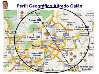 Perfil Geográfico Alfredo Galán 1 24 enero 2003 1 muerto 2 5 febrero 2003 1 muerto 3 5 febrero 2003 2 muertos 1 herido 4 7 marzo 2003 1 herido 5 18 marzo 2003 2 muertos 