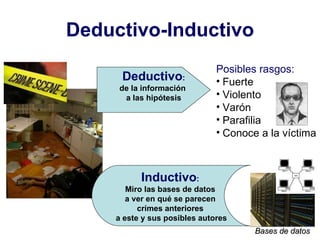 Deductivo-Inductivo Bases de datos Posibles rasgos: Fuerte Violento Varón Parafilia Conoce a la víctima Inductivo :  Miro las bases de datos  a ver en qué se parecen  crímes anteriores  a este y sus posibles autores Deductivo : de la información  a las hipótesis 
