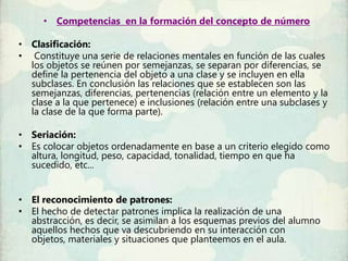 • Competencias en la formación del concepto de número

• Clasificación:
• Constituye una serie de relaciones mentales en función de las cuales
  los objetos se reúnen por semejanzas, se separan por diferencias, se
  define la pertenencia del objeto a una clase y se incluyen en ella
  subclases. En conclusión las relaciones que se establecen son las
  semejanzas, diferencias, pertenencias (relación entre un elemento y la
  clase a la que pertenece) e inclusiones (relación entre una subclases y
  la clase de la que forma parte).

• Seriación:
• Es colocar objetos ordenadamente en base a un criterio elegido como
  altura, longitud, peso, capacidad, tonalidad, tiempo en que ha
  sucedido, etc...


• El reconocimiento de patrones:
• El hecho de detectar patrones implica la realización de una
  abstracción, es decir, se asimilan a los esquemas previos del alumno
  aquellos hechos que va descubriendo en su interacción con
  objetos, materiales y situaciones que planteemos en el aula.
 