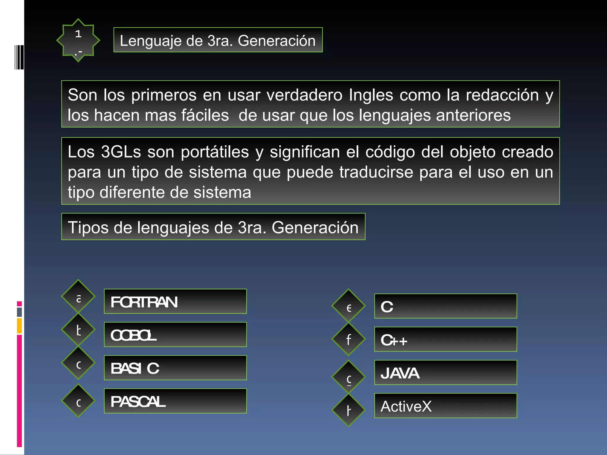 1.- Lenguaje de 3ra. Generación Son los primeros en usar verdadero Ingles como la redacción y los hacen mas fáciles  de usar que los lenguajes anteriores Los 3GLs son portátiles y significan el código del objeto creado para un tipo de sistema que puede traducirse para el uso en un tipo diferente de sistema  Tipos de lenguajes de 3ra. Generación FORTRAN COBOL BASIC PASCAL C C++ JAVA ActiveX a b c d e f g h 
