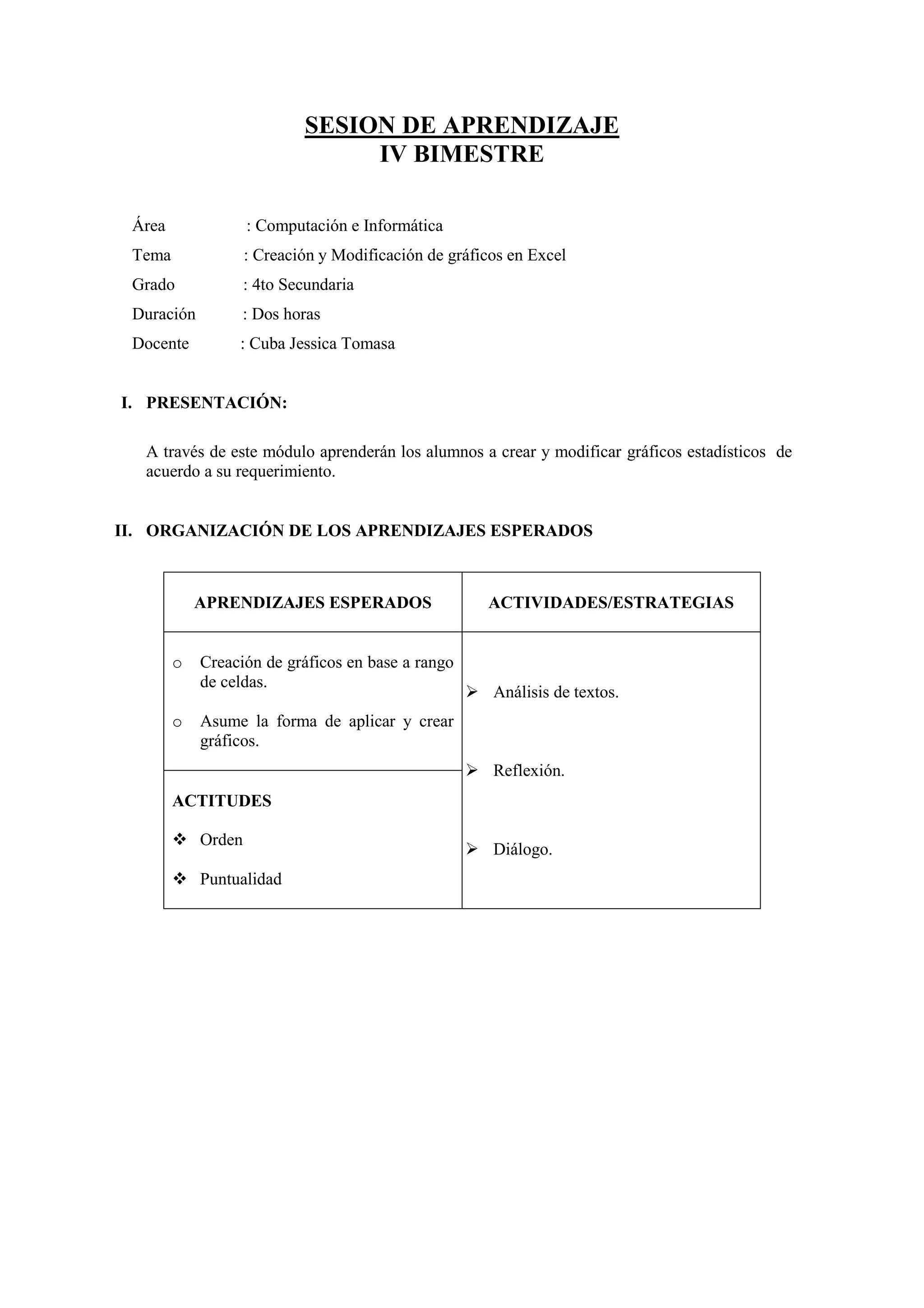SESION DE APRENDIZAJE
                               IV BIMESTRE

 Área             : Computación e Informática
 Tema             : Creación y Modificación de gráficos en Excel
 Grado            : 4to Secundaria
 Duración         : Dos horas
 Docente         : Cuba Jessica Tomasa


I. PRESENTACIÓN:

   A través de este módulo aprenderán los alumnos a crear y modificar gráficos estadísticos de
   acuerdo a su requerimiento.


II. ORGANIZACIÓN DE LOS APRENDIZAJES ESPERADOS



            APRENDIZAJES ESPERADOS                    ACTIVIDADES/ESTRATEGIAS


        o   Creación de gráficos en base a rango
            de celdas.
                                                    Análisis de textos.
        o   Asume la forma de aplicar y crear
            gráficos.
                                                    Reflexión.
        ACTITUDES

         Orden
                                                    Diálogo.
         Puntualidad
 