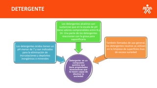 DETERGENTE
Detergente: es un
compuesto
químico que
tiene propiedades
tensoactivas que
le hacen capaz de
disolver la
suciedad
Los detergentes ácidos tienen un
pH menor de 7 y son indicados
para la eliminación de
incrustaciones y depósitos
inorgánicos o minerales
Los detergentes alcalinos son
sustancias que en la escala de pH
tiene valores comprendidos entre 8 y
14. Una parte de los detergentes
reaccionan con la grasa para
saponificarla
También llamados de uso general,
los detergentes neutros se utilizan
en la limpieza de superficies lisas
de escasa suciedad
 
