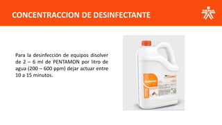 Para la desinfección de equipos disolver
de 2 – 6 ml de PENTAMON por litro de
agua (200 – 600 ppm) dejar actuar entre
10 a 15 minutos.
CONCENTRACCION DE DESINFECTANTE
 