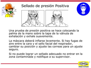 Sellado de presión Positiva

Una prueba de presión positiva se hace colocando la
palma de la mano sobre la tapa de la válvula de
exhalación y exhale suavemente.
La máscara deberá inflarse levemente. Si hay fugas de
aire entre la cara y el sello facial del respirador,
cambiar su posición y ajuste las correas para un ajuste
seguro.
Si no puede lograr un sellado adecuado no entrar en la
zona contaminada y notifique a su supervisor.
®

25

 