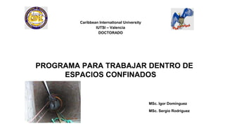 Caribbean International University
IUTSI – Valencia
DOCTORADO

PROGRAMA PARA TRABAJAR DENTRO DE
ESPACIOS CONFINADOS

MSc. Igor Domínguez

MSc. Sergio Rodriguez

 