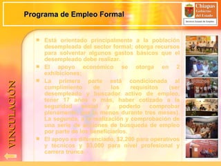 Programa de Empleo Formal Está orientado principalmente a la población desempleada del sector formal; otorga recursos para solventar algunos gastos básicos que el desempleado debe realizar.  El apoyo económico se otorga en 2 exhibiciones;  La primera parte está condicionada al cumplimiento de los requisitos (ser desempleado y buscador activo de empleo, tener 17 años o más, haber cotizado a la seguridad social y poderlo comprobar plenamente, por lo menos durante tres meses). La segunda, a la realización y comprobación de una serie de acciones de búsqueda de empleo por parte de los beneficiarios. El apoyo es diferenciado, $2,200 para operativos y técnicos y $3,000 para nivel profesional y carrera trunca. VINCULACIÓN 