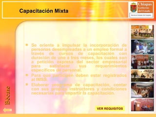 Capacitación Mixta Se oriente a impulsar la incorporación de personas desempleadas a un empleo formal a través de cursos de capacitación con duración de uno a tres meses, los cuales son a petición expresa del sector empresarial para satisfacer sus requerimientos específicos de personal.  Para que participen deben estar registrados al IMSS. Elaborar programa de capacitación, contar con sus propios instructores y condiciones necesarias para impartir la capacitación. Bécate VER REQUISITOS 