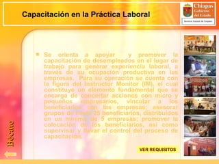Capacitación en la Práctica Laboral Se orienta a apoyar  y promover la capacitación de desempleados en el lugar de trabajo para generar experiencia laboral, a través de su ocupación productiva en las empresas.  Para su operación se cuenta con la figura del Instructor Monitor (IM), el cual constituye un elemento fundamental que se encarga de concertar acciones con micro y pequeños empresarios, vincular a los beneficiarios con las empresas; asesorar grupos de hasta 25 beneficiarios, distribuidos en un mínimo de 5 empresas; promover la colocación de los beneficiarios, así como supervisar y llevar el control del proceso de capacitación. Bécate VER REQUISITOS 