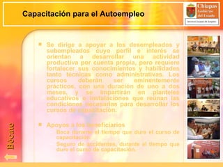 Capacitación para el Autoempleo Se dirige a apoyar a los desempleados y subempleados cuyo perfil e interés se orientan a desarrollar una actividad productiva por cuenta propia, pero requiere fortalecer sus conocimientos y habilidades tanto técnicas como administrativas. Los cursos deberán ser eminentemente prácticos, con una duración de uno a dos meses, y se impartirán en planteles educativos o instalaciones que reúnan las condiciones necesarias para desarrollar los cursos de capacitación. Apoyos a los beneficiarios Beca durante el tiempo que dure el curso de capacitación. Seguro de accidentes, durante el tiempo que dure el curso de capacitación. Bécate 