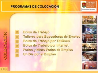 PROGRAMAS DE COLOCACIÓN Bolsa de Trabajo Talleres para Buscadores de Empleo Bolsa de Trabajo por Teléfono  Bolsa de Trabajo por Internet Ferias y Micro Ferias de Empleo Un Día por el Empleo COLOCACIÓN 