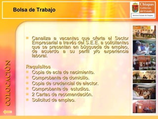 Bolsa de Trabajo Canaliza a vacantes que oferta el Sector Empresarial a través del S.E.E. a solicitantes que se presentan en búsqueda de empleo, de acuerdo a su perfil y/o experiencia laboral. Requisitos Copia de acta de nacimiento. Comprobante de domicilio.  Copia de credencial de elector. Comprobante de  estudios. 2 Cartas de recomendación. Solicitud de empleo. COLOCACIÓN 