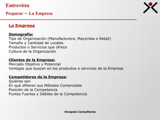 Entrevista Preparar – La Empresa Xinapsis Consultores La Empresa Demografía: Tipo de Organización (Manufacturera, Mayorista o Retail) Tamaño y Cantidad de Locales Productos o Servicios que ofrece Cultura de la Organización Clientes de la Empresa: Mercado Objetivo y Potencial Ventajas que buscan en los productos o servicios de la Empresa Competidores de la Empresa: Quiénes son En qué difieren sus Métodos Comerciales Posición de la Competencia Puntos Fuertes y Débiles de la Competencia 