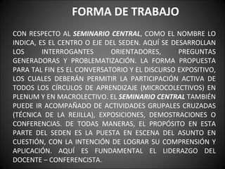 FORMA DE TRABAJO
CON RESPECTO AL SEMINARIO CENTRAL, COMO EL NOMBRE LO
INDICA, ES EL CENTRO O EJE DEL SEDEN. AQUÍ SE DESARROLLAN
LOS      INTERROGANTES      ORIENTADORES,       PREGUNTAS
GENERADORAS Y PROBLEMATIZACIÓN. LA FORMA PROPUESTA
PARA TAL FIN ES EL CONVERSATORIO Y EL DISCURSO EXPOSITIVO,
LOS CUALES DEBERÁN PERMITIR LA PARTICIPACIÓN ACTIVA DE
TODOS LOS CÍRCULOS DE APRENDIZAJE (MICROCOLECTIVOS) EN
PLENUM Y EN MACROLECTIVO. EL SEMINARIO CENTRAL TAMBIÉN
PUEDE IR ACOMPAÑADO DE ACTIVIDADES GRUPALES CRUZADAS
(TÉCNICA DE LA REJILLA), EXPOSICIONES, DEMOSTRACIONES O
CONFERENCIAS. DE TODAS MANERAS, EL PROPÓSITO EN ESTA
PARTE DEL SEDEN ES LA PUESTA EN ESCENA DEL ASUNTO EN
CUESTIÓN, CON LA INTENCIÓN DE LOGRAR SU COMPRENSIÓN Y
APLICACIÓN. AQUÍ ES FUNDAMENTAL EL LIDERAZGO DEL
DOCENTE – CONFERENCISTA.
 