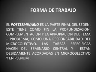 FORMA DE TRABAJO

EL POSTSEMINARIO ES LA PARTE FINAL DEL SEDEN.
ESTE TIENE COMO FIN LA PROFUNDIZACIÓN,
COMPLEMENTACIÓN Y LA APROPIACIÓN DEL TEMA
– PROBLEMA, COMO UNA RESPONSABILIDAD DEL
MICROCOLECTIVO. LAS TAREAS ESPECÍFICAS
NACEN DEL SEMINARIO CENTRAL Y           ESTÁN
DEBIDAMENTE ACORDADAS EN MICROCOLECTIVO
Y EN PLENUM .
 