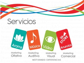 Servicios
Marketing
Olfativo
Marketing
Auditivo
Marketing
Visual
Marketing
Comercial
 
