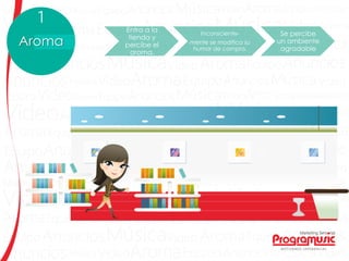 Aroma
Entra a la
tienda y
percibe el
aroma.
Inconsciente-
mente se modifica su
humor de compra.
Se percibe
un ambiente
agradable
 