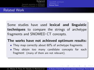 Background
                                                             OpenEHR archetypes
                                               Objectives
                                                             SNOMED CT
                         Semantic proximity in archetypes
                                                             Related Work
                         Mapping archetypes to SNOMED


. Related Work

    .
    Some studies have used lexical and linguistic
    techniques to compare the strings of archetype
    fragments and SNOMED CT concepts.
    The works have not achieved optimum results:
            They map correctly about 60% of archetype fragments.
            They obtain too many candidate concepts for each
            fragment (many of them are not relevant).
    .


                                                                           .      .       .       .      .       .

    J.L. Allones, D. Penas, M. Taboada, D. Martinez et al.   A Study of Semantic Proximity between Archetype Terms based o
 